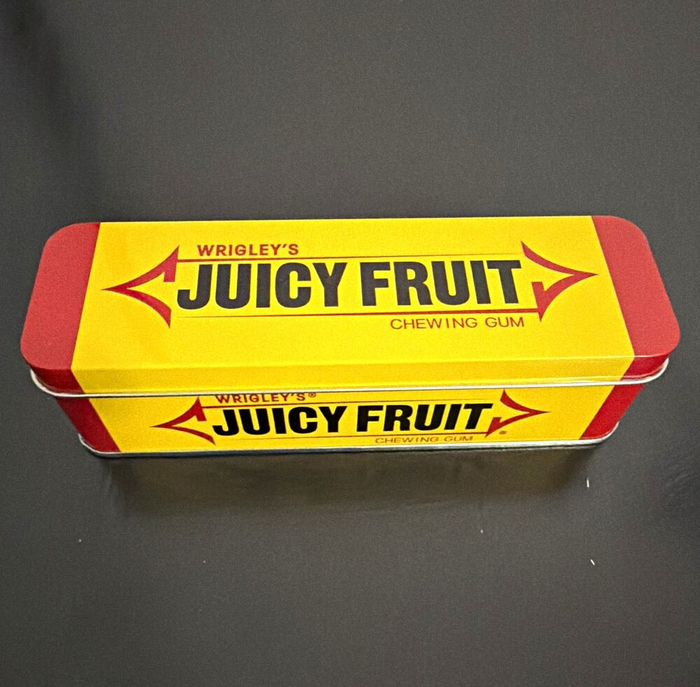 Wrigley’s Juicy Fruit Chewing Gum Advertising Tin Collectible, Yellow/Red
